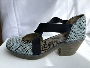 Fly London Wodi Pump Blue Snake Leather Block Heel Comfort shoe Women 41 9.5-10